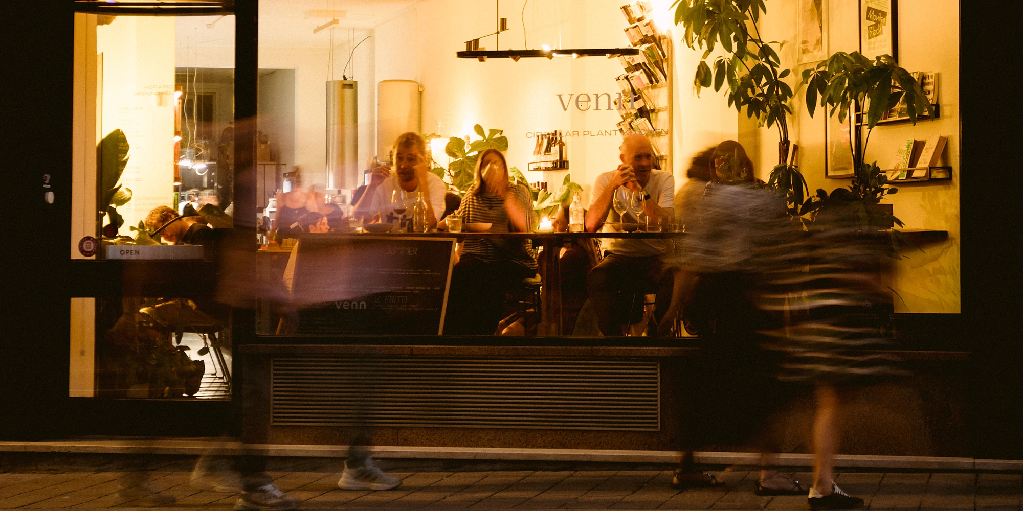 venn canteen dining room at night, seen from the street